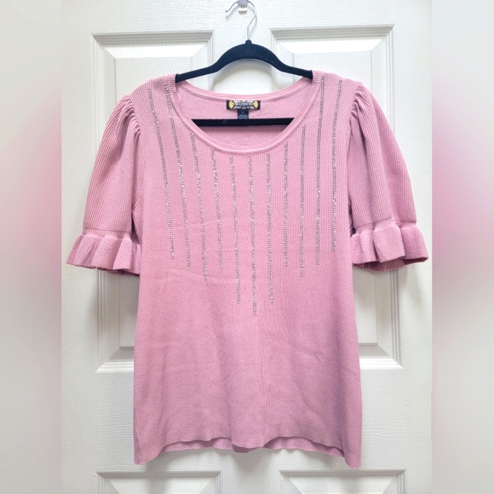 Madison Women's Rhinestone Ribbed Pink Ruffle Sleeve Knit Top Size XL